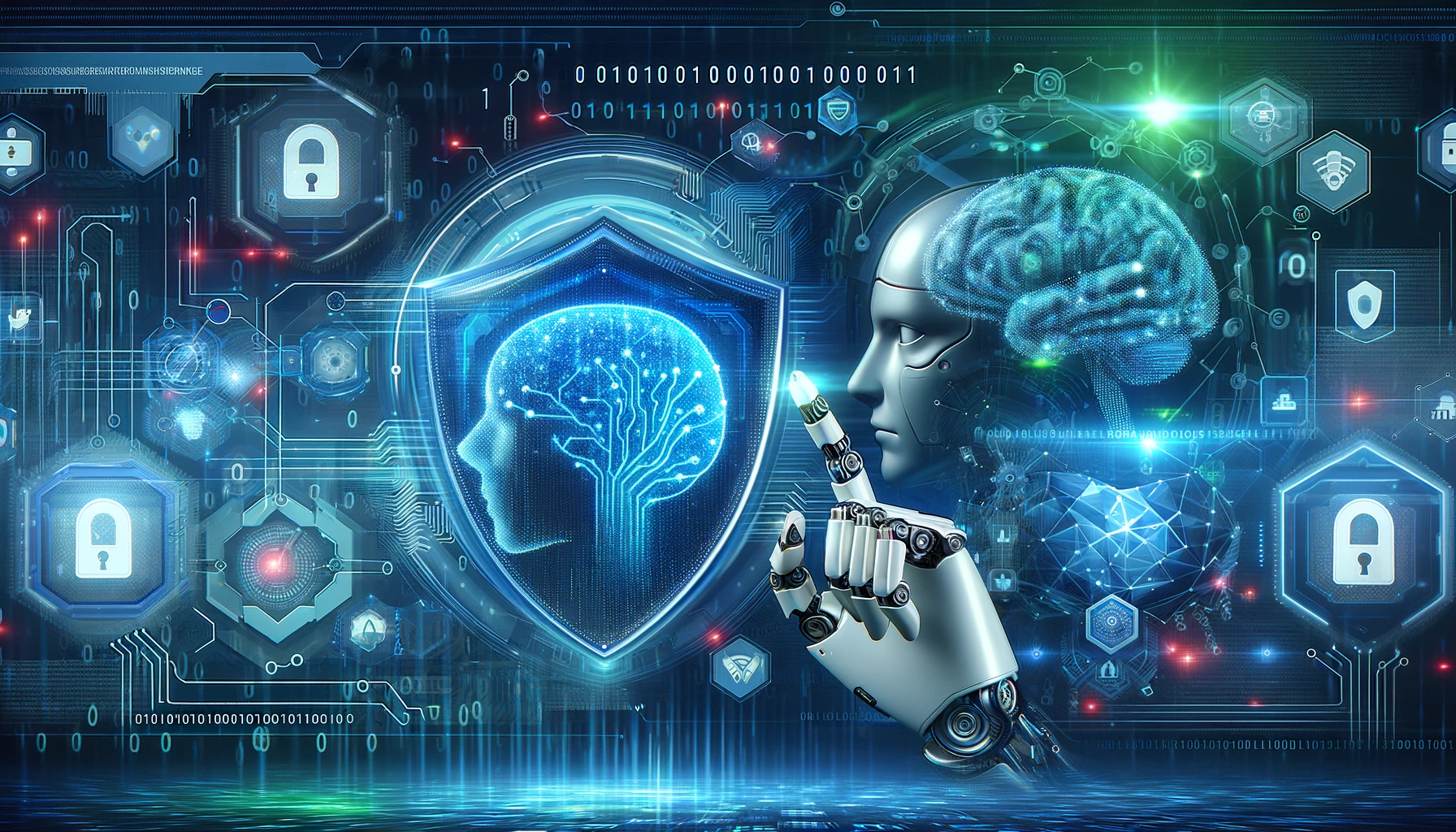 Imagen de ciberseguridad e inteligencia artificial con un escudo, mano robótica y elementos digitales en azules, grises y verdes.