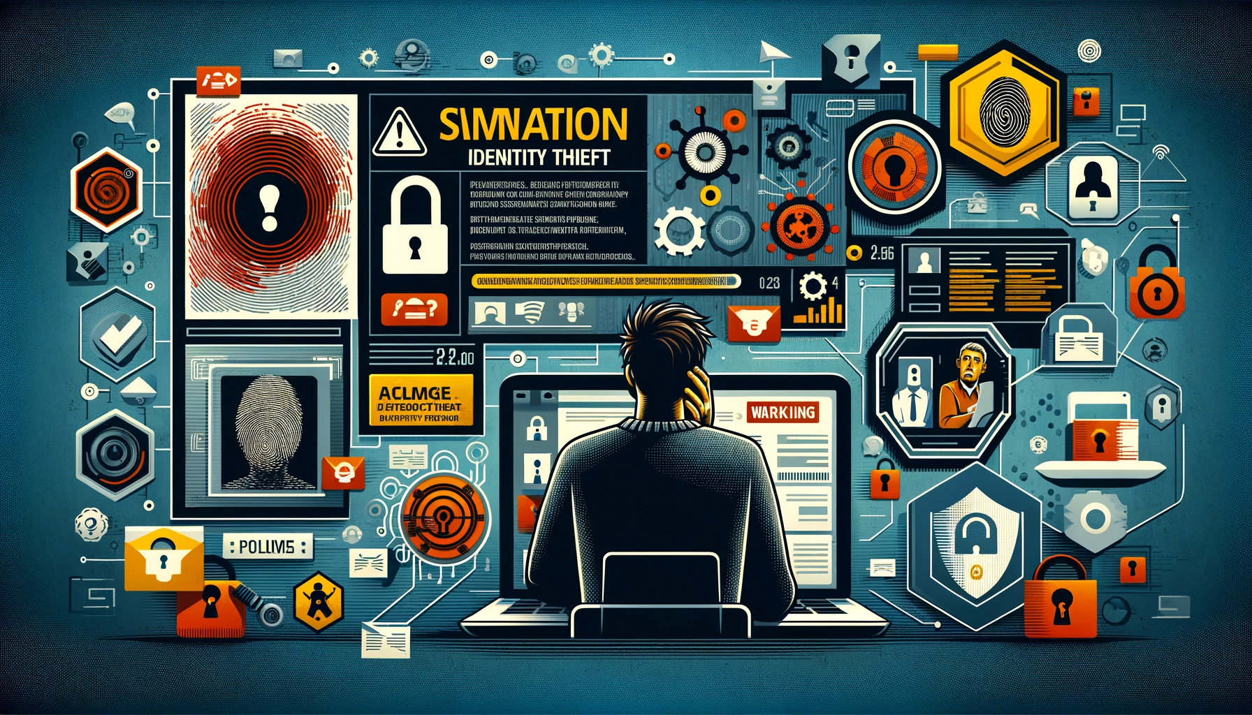 Banner sobre prevención de robo de identidad, mostrando un usuario preocupado, pantalla de PC con alerta de seguridad, perfiles digitales comprometidos y símbolos de ciberseguridad como candados.