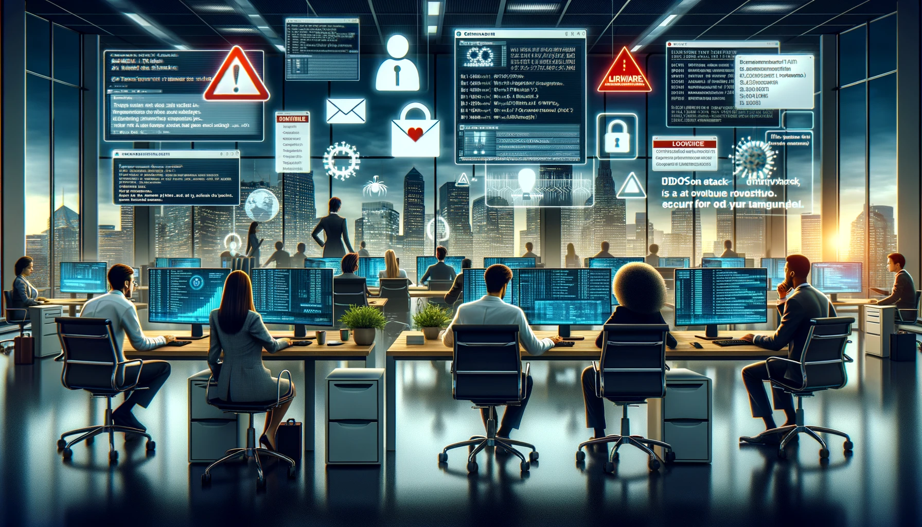 En una oficina moderna, empleados de diversas procedencias enfrentan amenazas cibernéticas en sus ordenadores: phishing, malware, ataques DDoS y de fuerza bruta, resaltando la urgencia de la ciberseguridad.