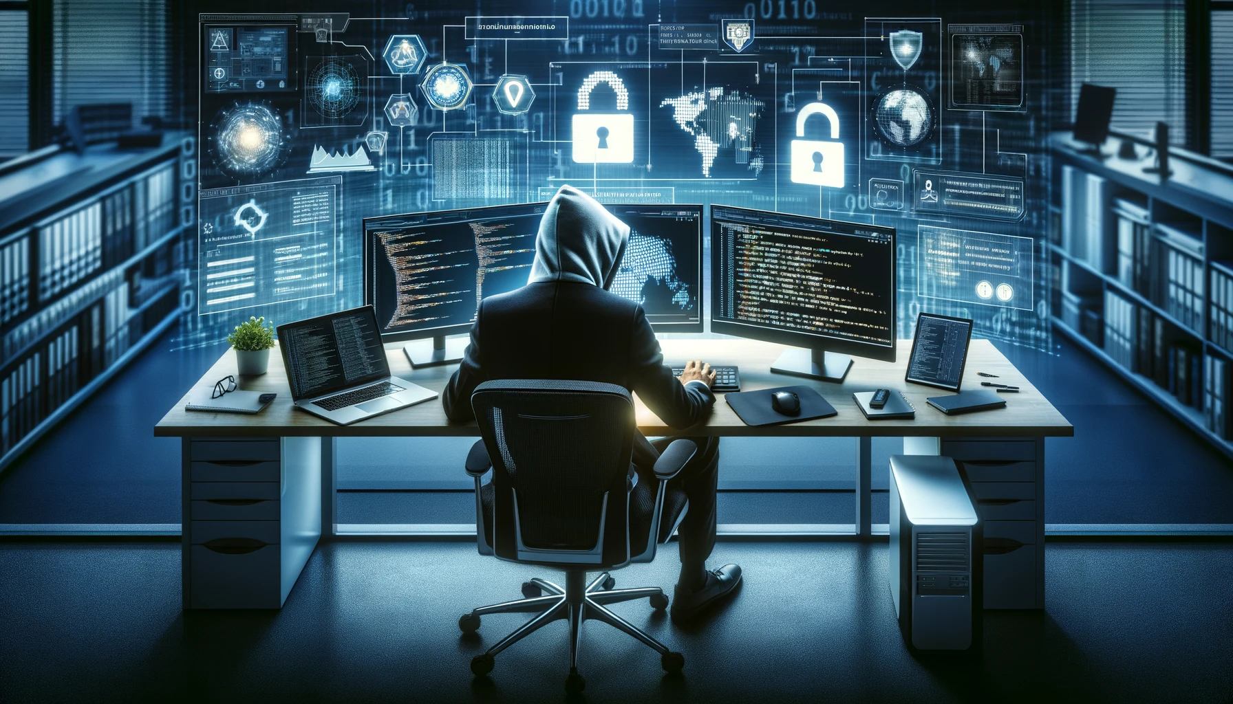 Un Hacker Ético concentrado frente a múltiples pantallas con códigos y redes de seguridad, simbolizando la ciberseguridad y el pentesting en un ambiente digital moderno.
