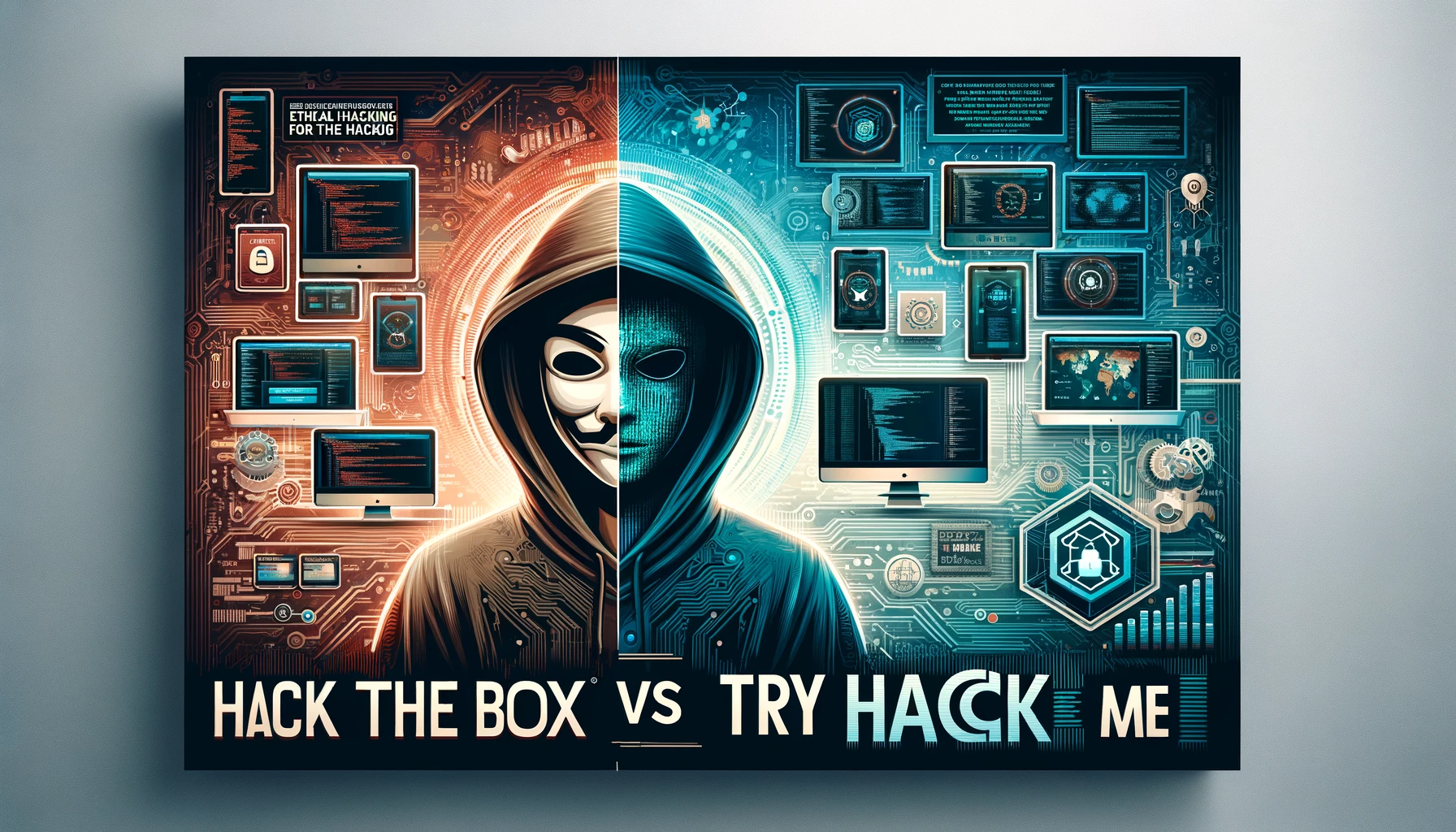 Banner comparativo entre Hack the Box y Try Hack Me, mostrando logos y entornos de ciberseguridad distintivos de cada plataforma, separados por un 'VS' central.